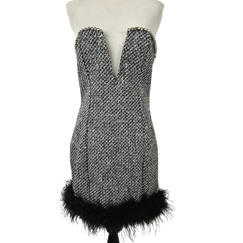 Fashion Nova Black White Tweed Strapless Mini Dress Feather Rhinestone M NWT